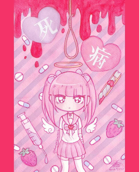 Need Meds {03-09-20}: Menhera-chan fanart using watercolor and pink micron