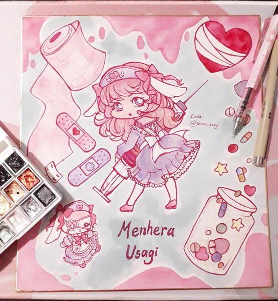 Menhera Usagi {12-03-21}: First ever drawing of Nurse Fraise and Usagi Assistant. Regular &amp; metallic watercolor on rice paper shikishi board
