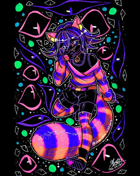 Cheshire {12-31-19}: Neon highlighter markers with black sumi ink and white pen ink.