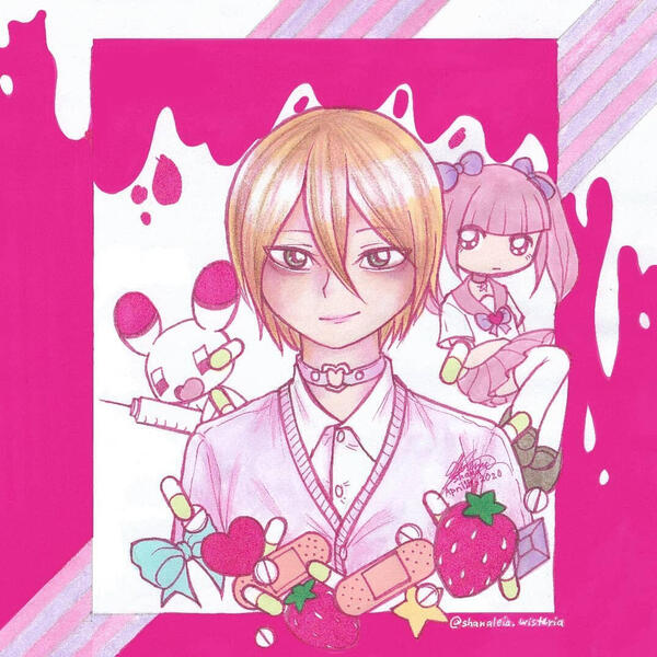 Bisuko Ezaki {04-2020}: colored pencil, pink micron, and alcohol markers on bound paper, for an assignment during quarantine.