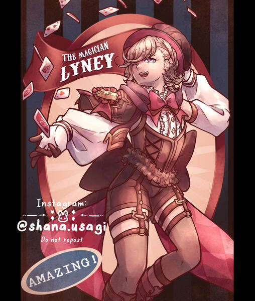 first half of my circus poster dual poster series featuring Lyney from Genshin Impact